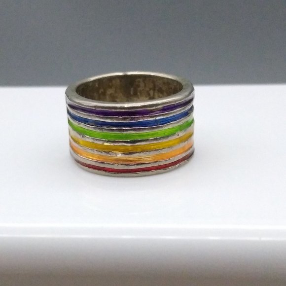 Vintage Wide Rainbow Band Ring, Silver Tone with Enamel Channels - Picture 2 of 5